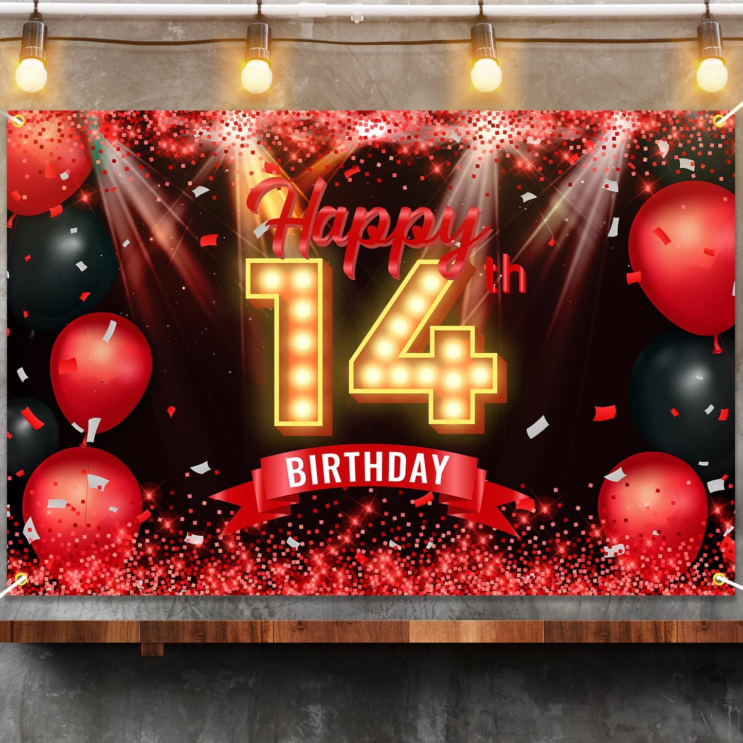 Yikki Happy 14th Birthday Banner Backdrop, Red and Black, Polyester, 14 Years Old Decorations for Boys and Girls