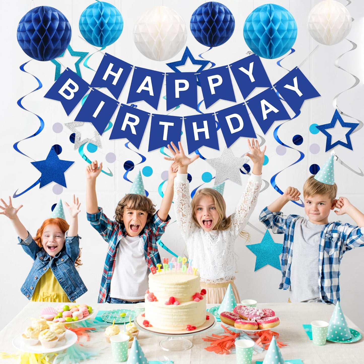 Meowtastic Birthday Decorations, Happy Birthday Banner With Honeycomb Balls, Stars Hanging Swirl Streamers, Circle Dots Garland, Happy Birthday Party Decorations For Women Men Boys Girls (Blue)