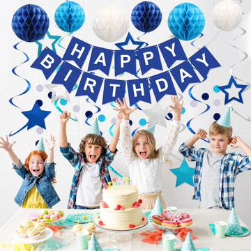 Meowtastic Birthday Decorations, Happy Birthday Banner With Honeycomb Balls, Stars Hanging Swirl Streamers, Circle Dots Garland, Happy Birthday Party Decorations For Women Men Boys Girls (Navy Blue)
