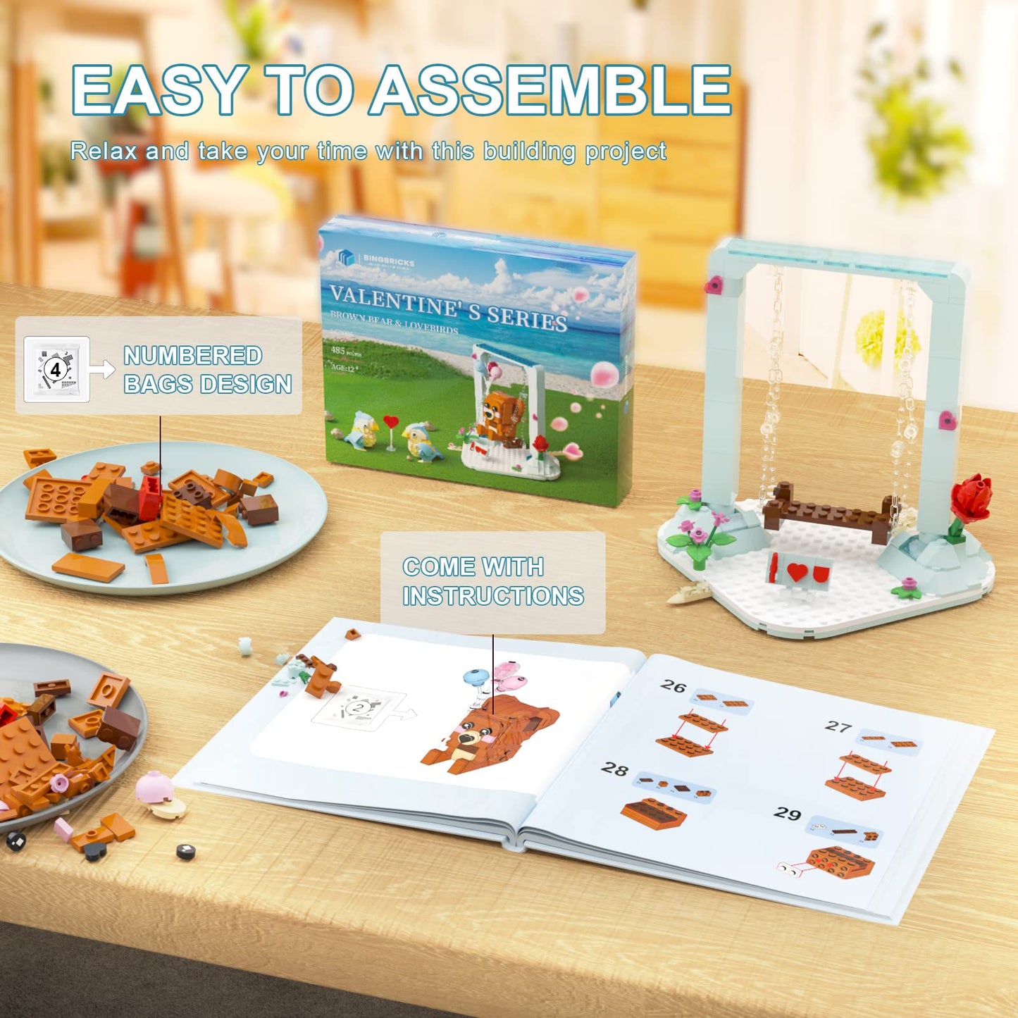 Nubee Valentine Love Birds Brown Bear Building Sets Compatible With Lego, Lovebirds Swings Bear Flower Heart Arrow I Love U Boar