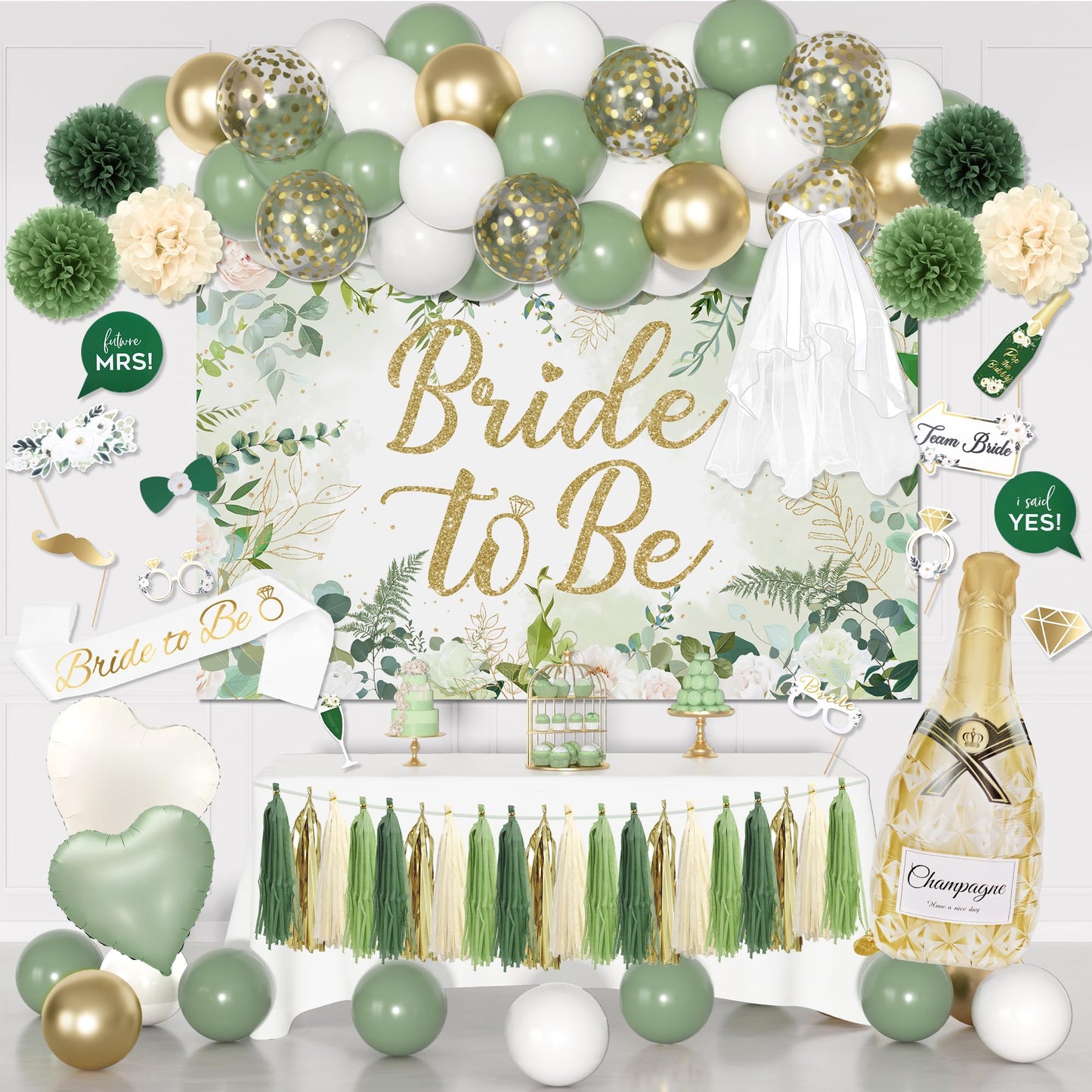 Bridal Shower Decorations, Sage Green Bachelorette Party Decorations Bride to Be Banner Backdrop Sash Veil Confetti Foil Balloon