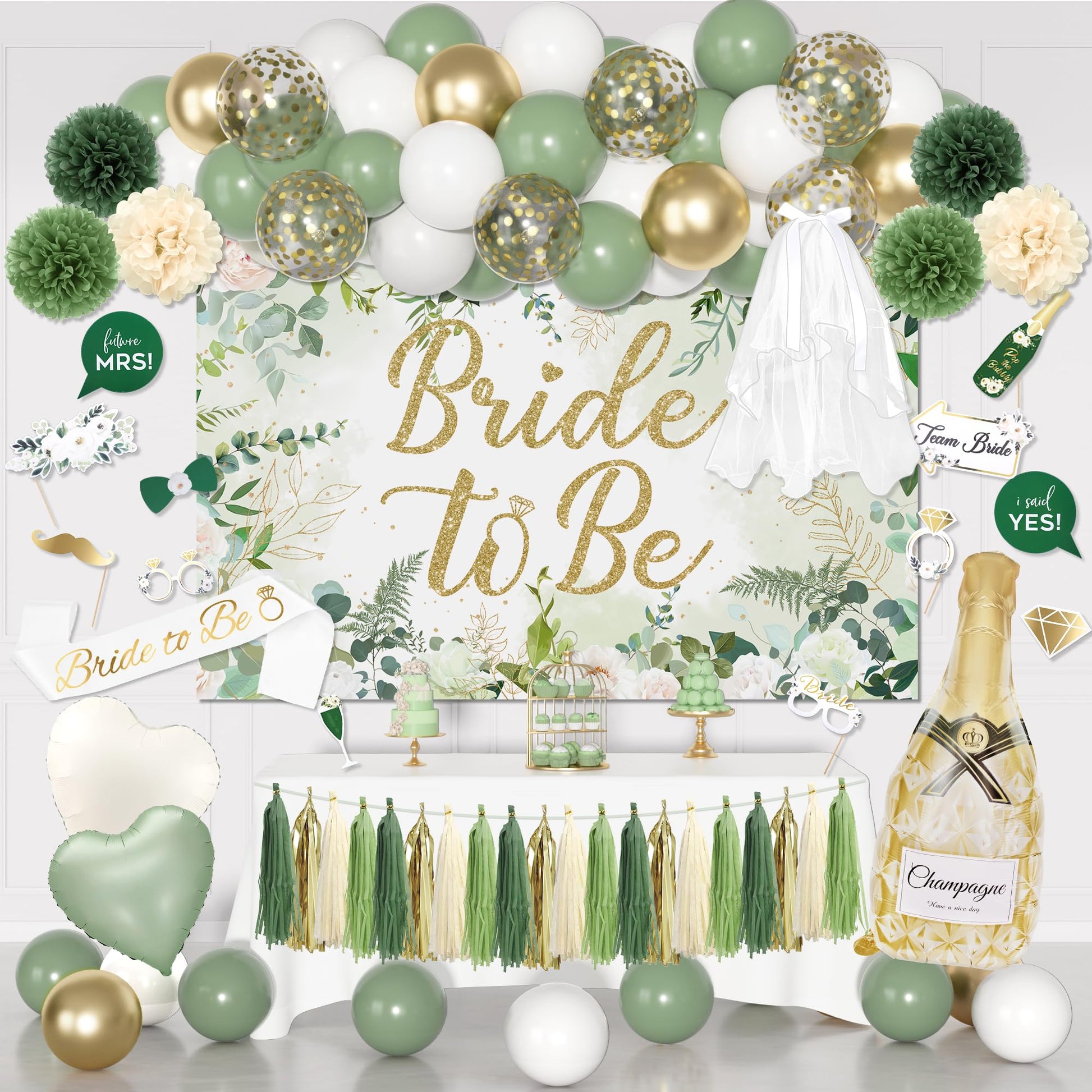 Bridal Shower Decorations, Sage Green Bachelorette Party Decorations Bride to Be Banner Backdrop Sash Veil Confetti Foil Balloon