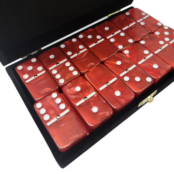 Domino Double 6 Red Marbleized Jumbo Tournament Professional Size W/Spinners In Elegant Black Velvet Case.