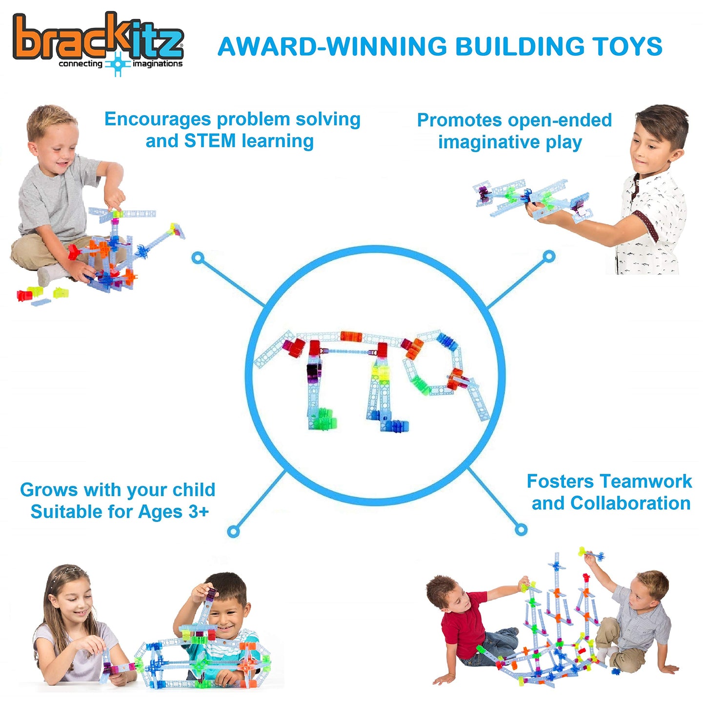 Brackitz Structures - Wheels & Axles Stem Learning Toys For Kids Prek-6 | 196 Pc Extension Set