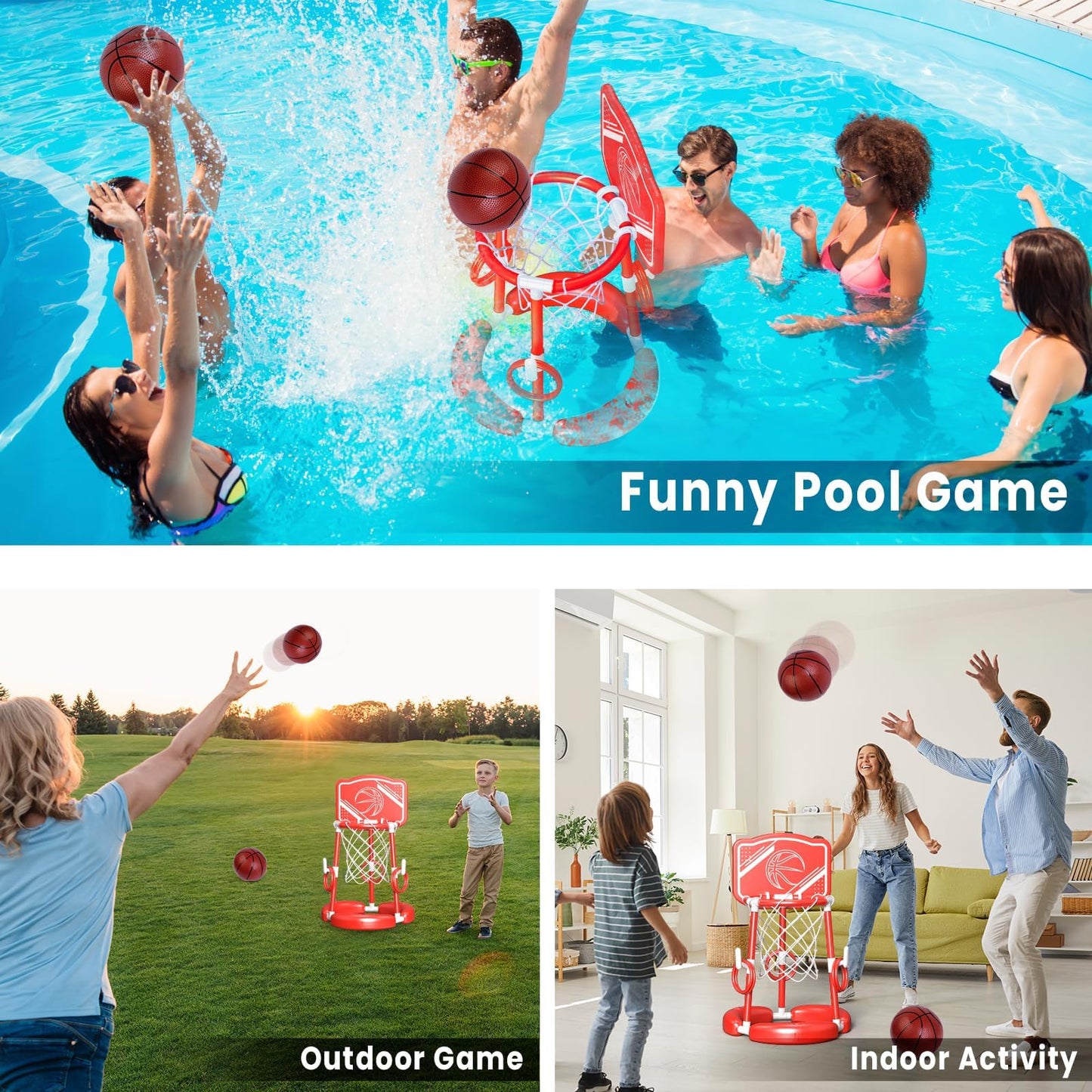 Springflower Pool Basketball Hoop With Backboard, Floating Basketball Pool Hoop,Kids & Adults Swimming Pool Game With Ring Toss,
