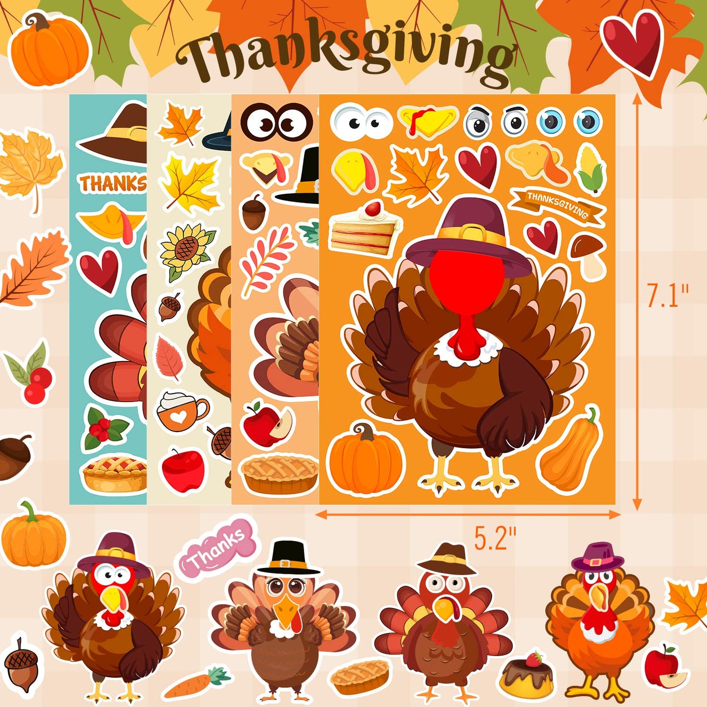 32 Sheets Thanksgiving Stickers, Thanksgiving Crafts for Kids, Make-A-Turkey Stickers for Kids Thanksgiving Party Favors Decorat