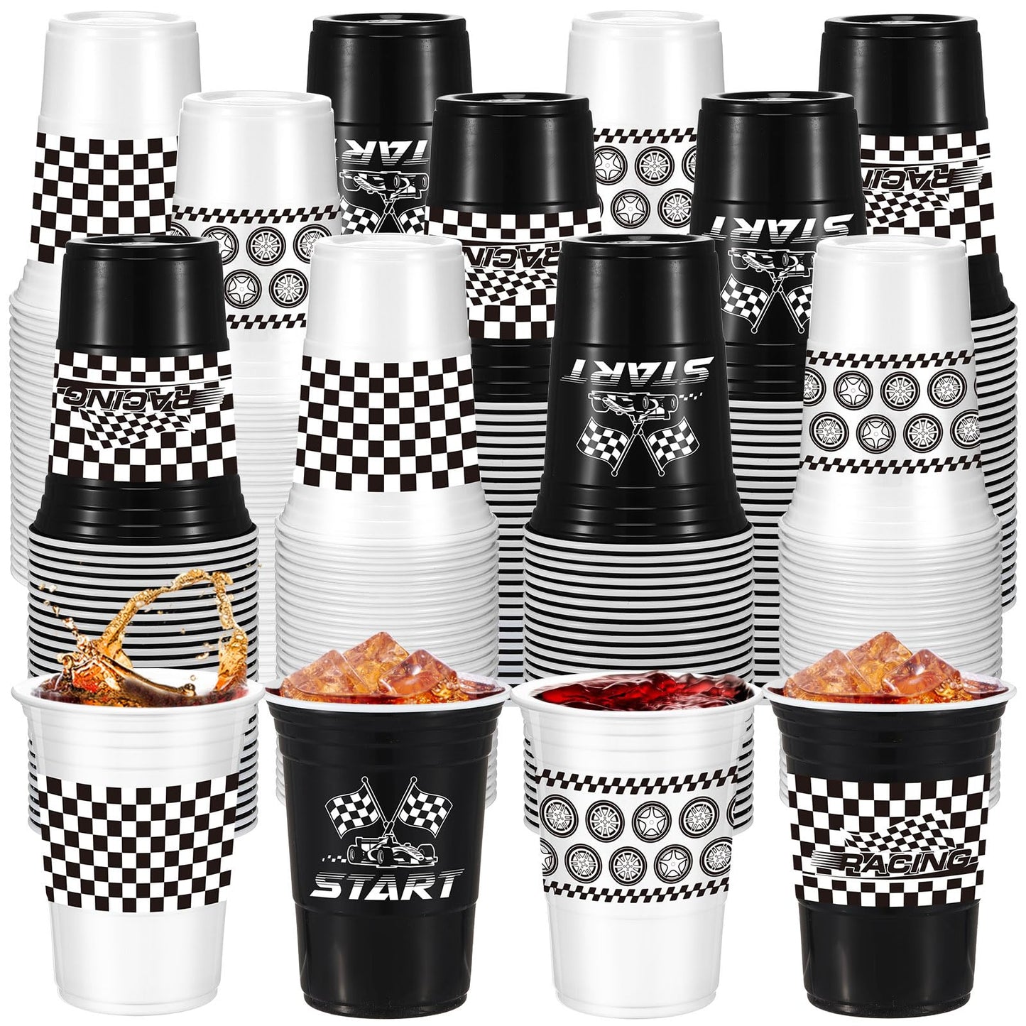 Qinyoung 100 Pcs Race Car Party Supplies Bulk 16 oz Checkered Flag Cups Racing Themed Thick Plastic Cup for Race Car Birthday Pa