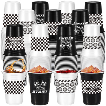 Qinyoung 100 Pcs Race Car Party Supplies Bulk 16 oz Checkered Flag Cups Racing Themed Thick Plastic Cup for Race Car Birthday Pa