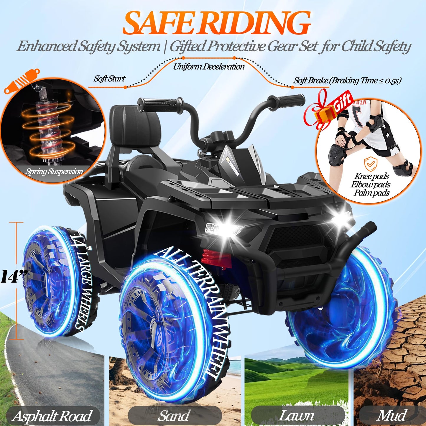 24V Kids Atv 4 Wheeler, Blissride 2 Seater Ride On Toy For Big Kids W/400W Motor, 9Ah Battery Powered, Kneepads, Bluetooth Music
