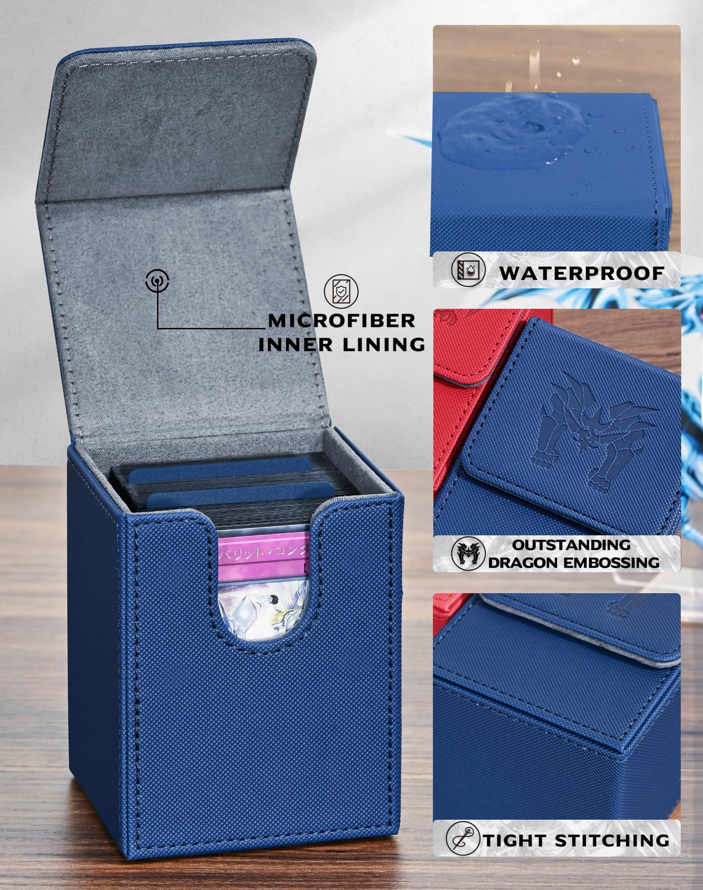Uaono Card Deck Box For Yugioh Mtg Cards, 100+ Deck Case With 2 Dividers Fits Tcg Ccg, Pu Leather Card Storage Box Compatible With Collectible Trading Cards (Blue, Tormentor)