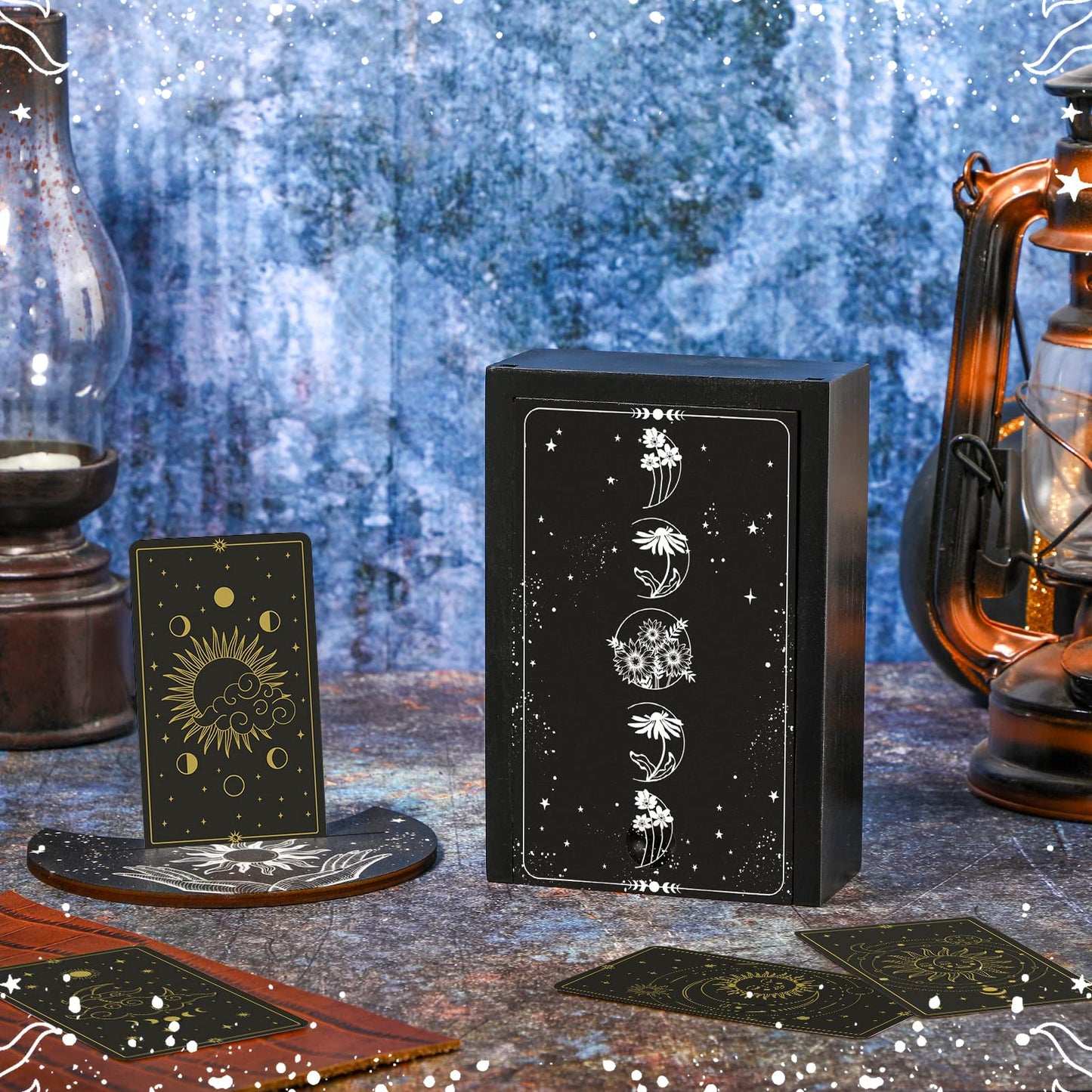 Wooden Tarot Card Case And Wooden Tarot Card Stand Holder, Tarot Cards Box Fortune Telling Trinket Keepsake Box With Pendulum Board Moon Shape Tarot Card Altar Display Stand For Witch (Novel Style)