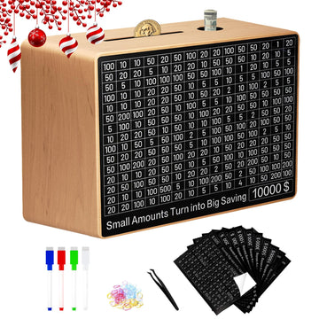 Large Money Saving Box,9.1 X 6.7 X 3.2 Inches,Wood Savings Challenge Box With 10 Targets $200 To $10000,Reusable Cash Savings Bo