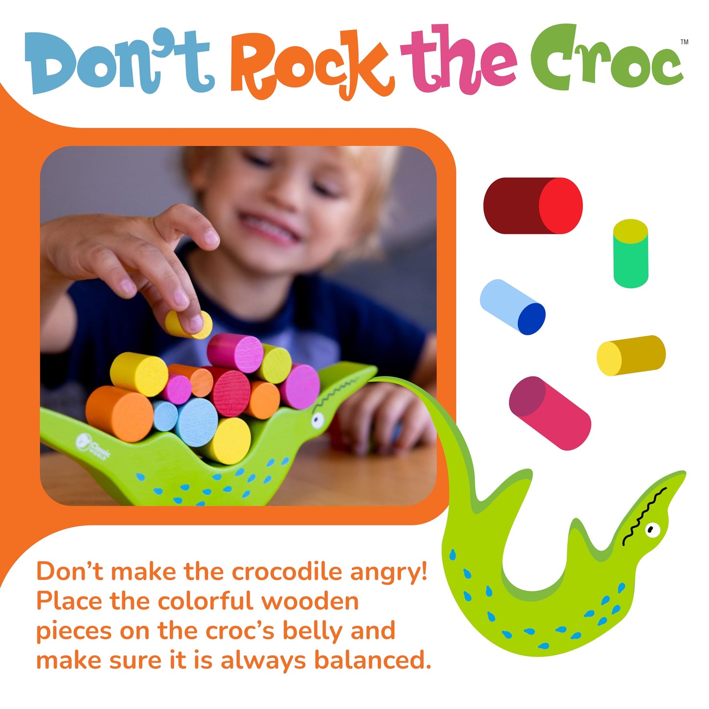 FoxMind Games Don't Rock The Croc Board Game, Multiplayer Fun for Kids 3-5, Wood, Einheitsgröße, Green/Red/Yellow/Blue