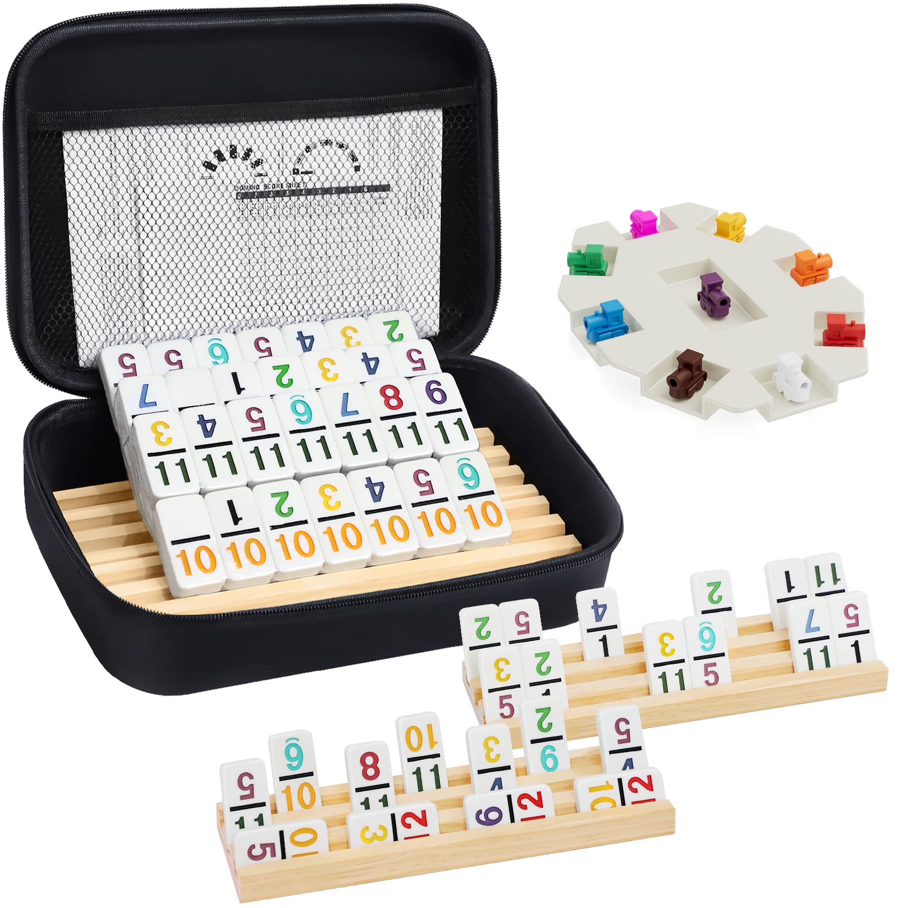Mexican Train Dominoes Set With Numbers And 4 Wooden Trays/Racks, Double 12 Dominos Travel Set With 4 Tiles Holders, 91 Tiles Double 12 Colored Dominoes Game Set With Portable Case For Families Kids