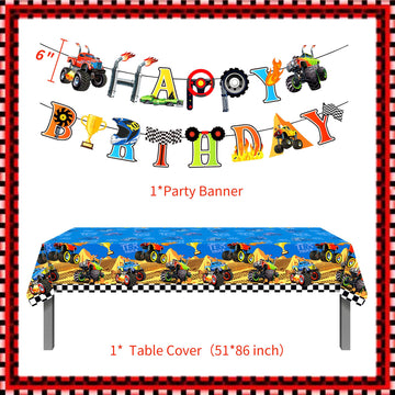 Roaring Good Time 60 Pcs Monster Trucks Birthday Decoration Kit - Monster Trucks Party Plates, Napkins, Tablecloth, Banner & Accessories - Red, Cartoon Theme