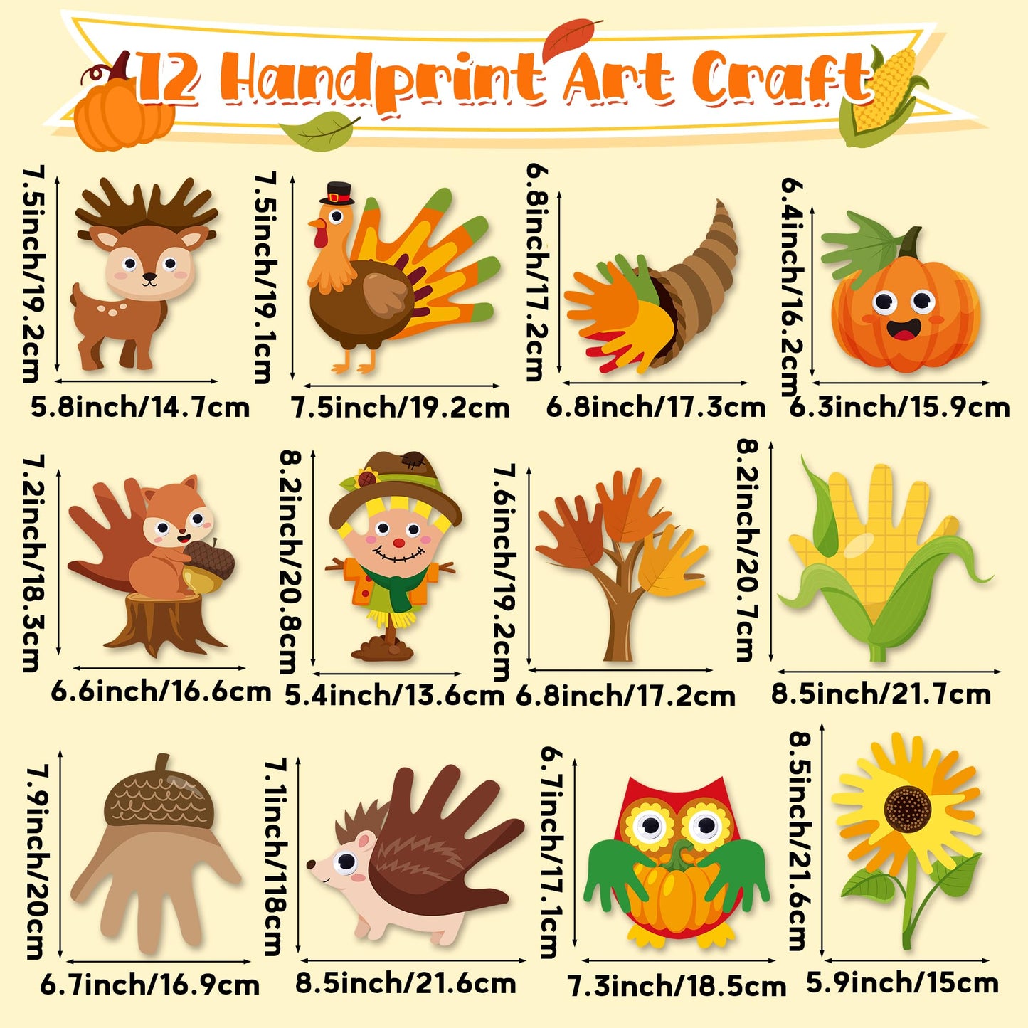 WATINC Fall Handprint Art Craft - 12Pcs Autumn Pumpkin Turkey Owl Easy DIY Craft Kit, Scarecrow Forest Animals Themed Hand Print