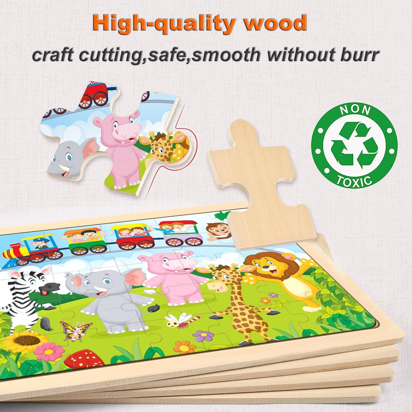 Wooden Puzzles For Kids Ages 4-6, 4 Pcs 24 Animals Cars Farm Dinosaur World Jigsaw Puzzles, Preschool Educational Brain Teaser T