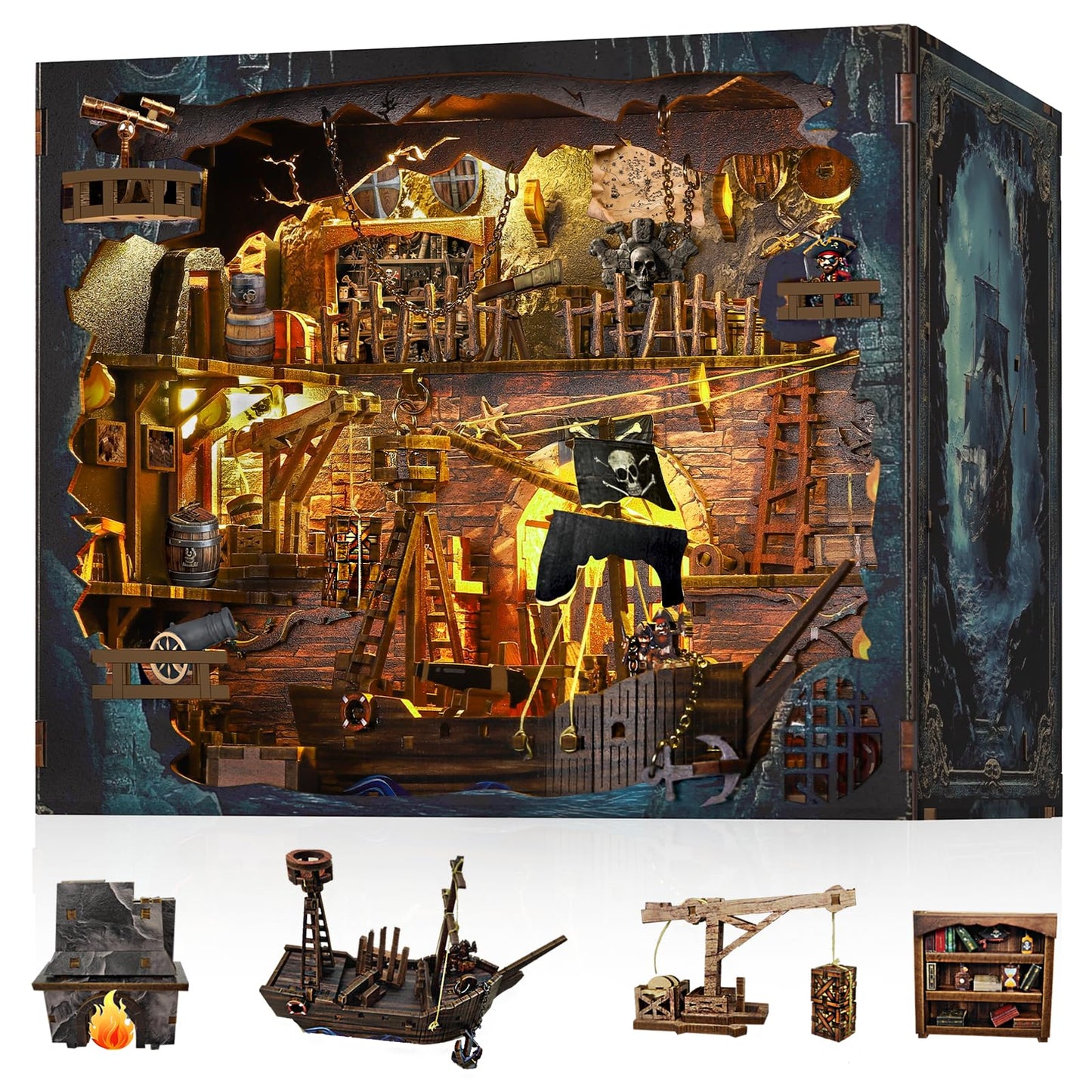 Book Nook Pirate Kit - Diy Miniature House Kit For Adults, Teens, Dollhouse Booknook Bookshelf Insert Decor With Led Light, 3D W