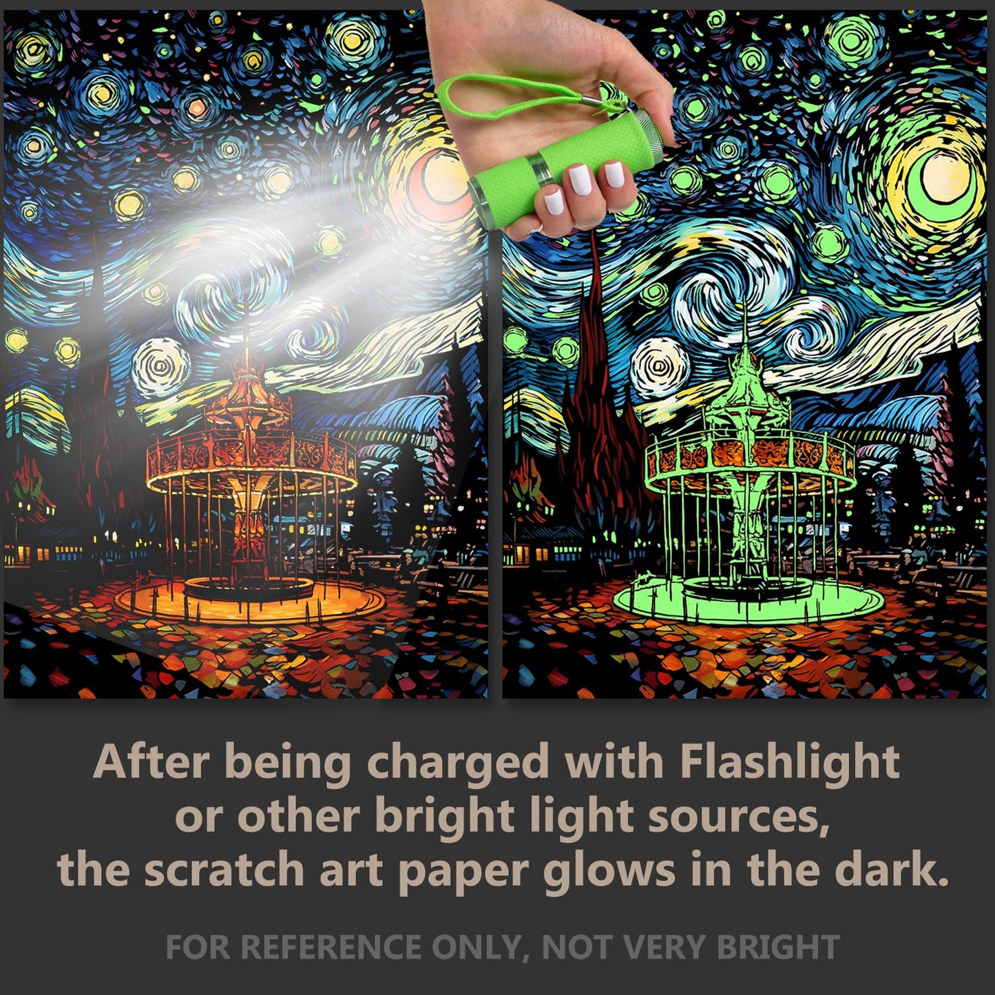 Glow in the dark Scratch Art Rainbow Painting Paper, 2 PACK Van Gogh Style Engraving Art Creative Craft Tools Set, Fun Magic DIY
