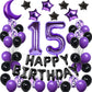 Naninuneno 15Th Birthday Decorations Set For Girl Women Boy Men,Purple Black 15 Happy Birthday Balloons Supplies With Purple Num