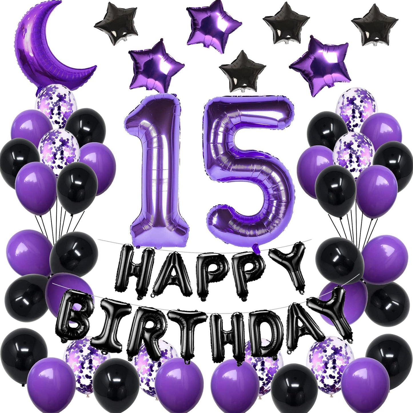 Naninuneno 15Th Birthday Decorations Set For Girl Women Boy Men,Purple Black 15 Happy Birthday Balloons Supplies With Purple Num