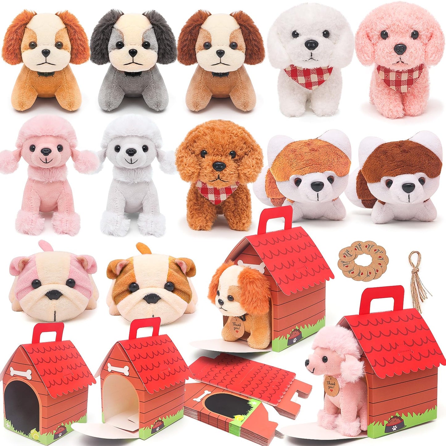 Hapgfs 12 Pcs Mini Plush Puppy Set, Dog Party Favors With Keychain Gift Toys With Carton Dog House, Kids Baby Show Birthday Chri