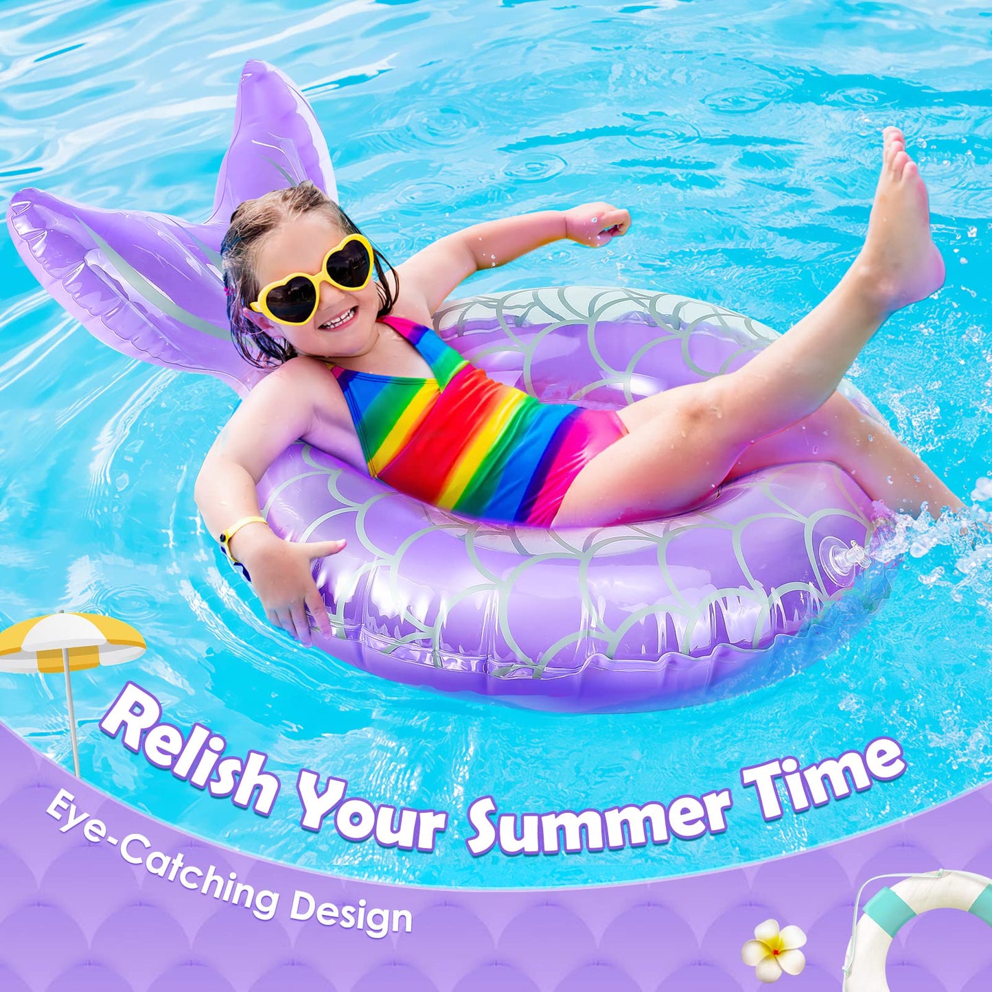 Heysplash Mermaid Pool Float, Mermaid Tail Shaped Pool Swimming Float Tube Ring Floatie, Summer Water Fun Beach Party Swimming Pool Toys For Kids Children Adults Water Activities, Purple
