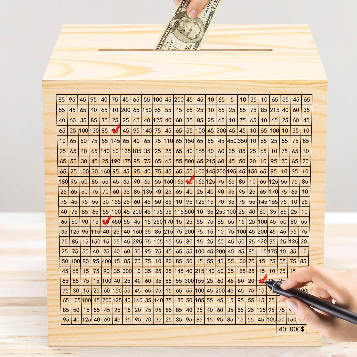 Hchangen Wooden Savings Challenge Box For Adults Kids, Wood Coin Piggy Bnak, Must Break To Open Money Box With Counter (Natural,
