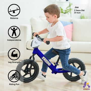 KRIDDO Toddler Balance Bike, 12" Push Bicycle, Ages 18 Months to 5 Years, Blue, Carbon Steel, Model KB002-BLUE, Customizable Stickers Included