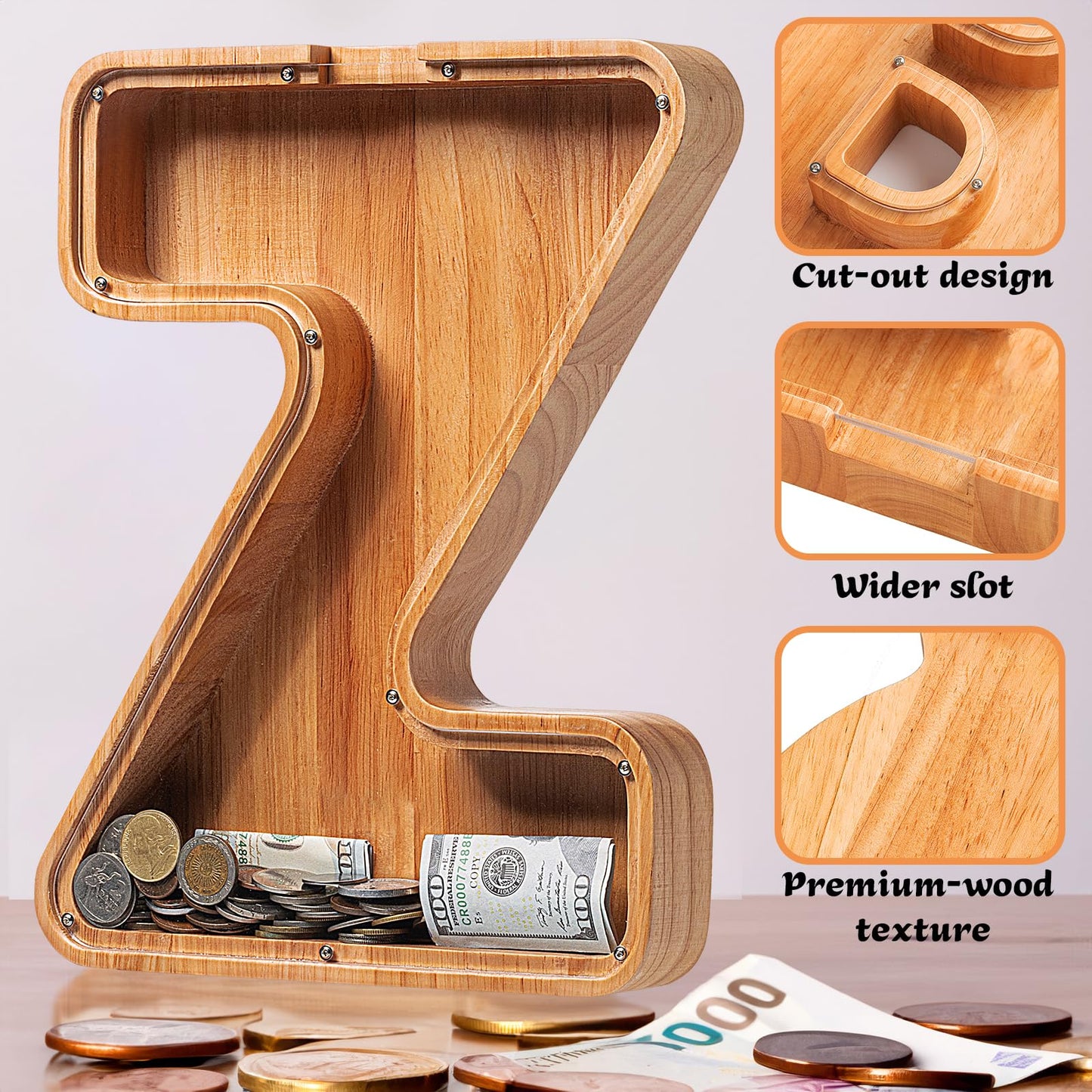 Sulevalt 12 Extra Large Wooden Letter Piggy Banks - Piggy Banks for Boys Girls Kids  Alphabet Money Banks with Initial Z - Coin Banknote Bank Birthday/Christmas for Kids