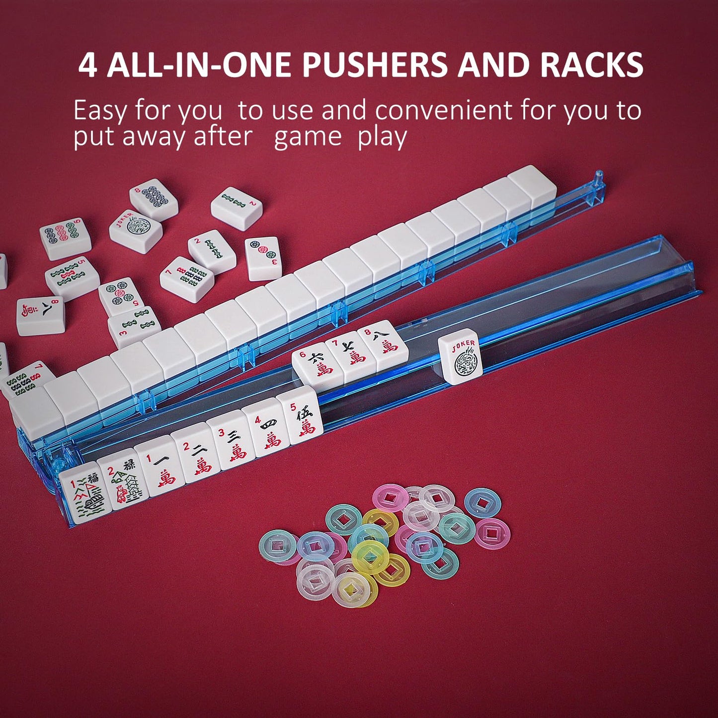 Jongyance American Mahjong Set With Blue Carrying Bag, 166 White Tiles, 4 All-In-One Rack/Pushers, Mahjong Tiles Set (Ma Jong, M