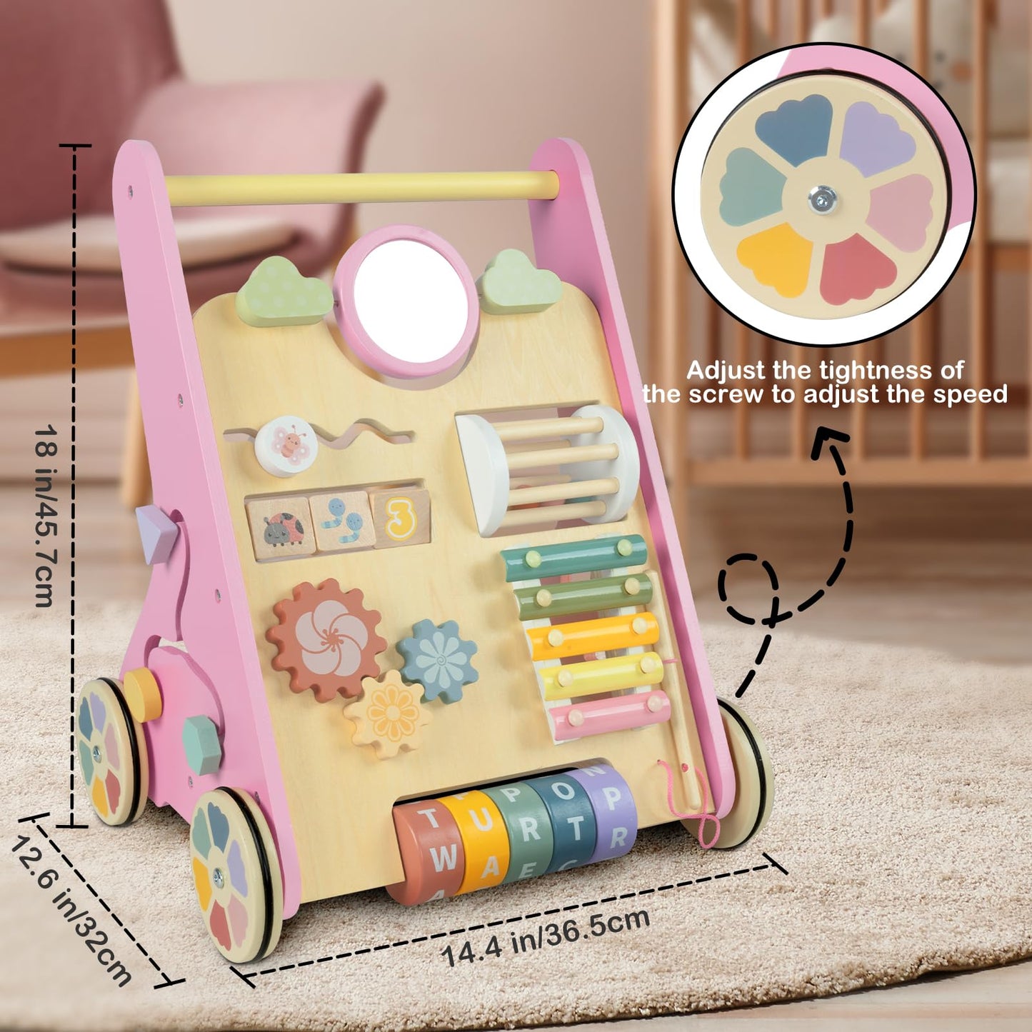 Baby Walker With Wheels, Wooden Push Walker Toys For Babies 6-12 Months, Baby Girl Walking Activity Toys For 1 Year Old