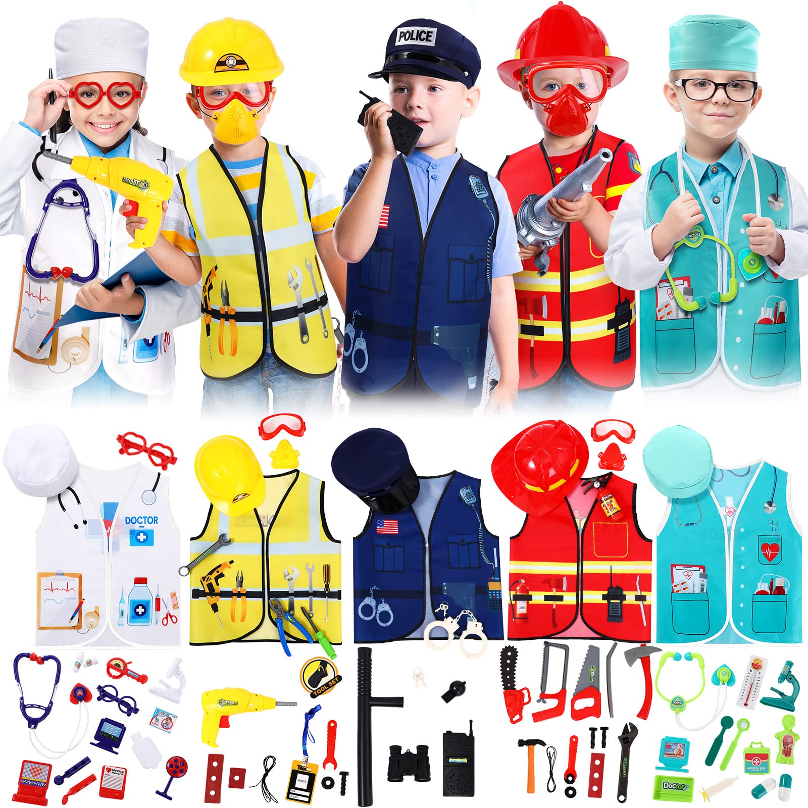 Deekin 5 Sets Kids Dressing up Costumes  Toddler Dressing up and Play for Age 3-7  Construction Worker  Police  Firefighter  Doctor  Surgeon Vest for Boys Girls Pretend Role Accessories