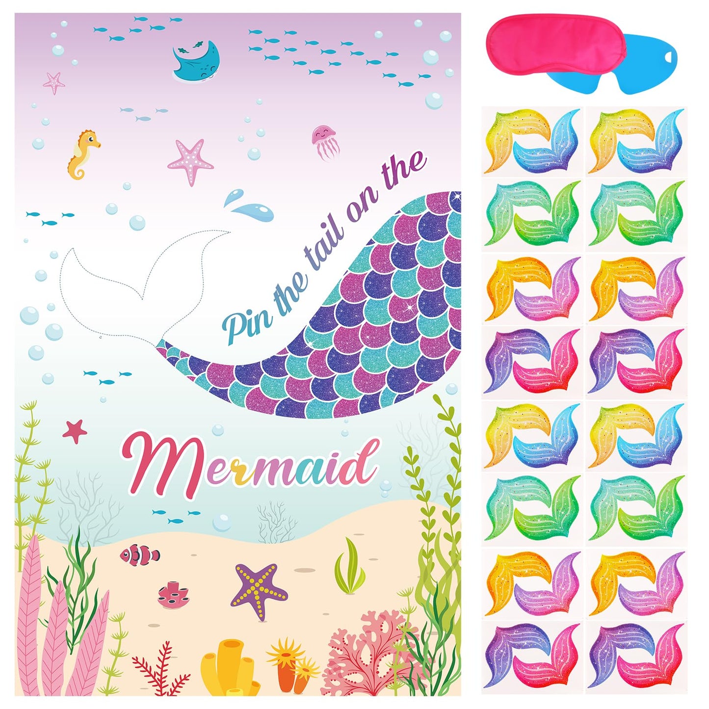 Hooqict Pin The Tail On The Mermaid Birthday Party Game Under The Sea Party Games Mermaid Games Favors For Kids Mermaid Birthday Supplies Decorations, Large Mermaid Poster With 32 Tail Stickers