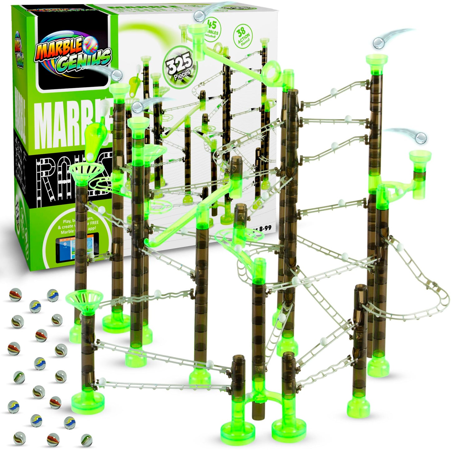 Marble Genius Marble Rails Super Set - 325 Piece Marble Run for Kids 8+, Plastic, Black/Neon Green/Silver, Model MG_RAILS_325