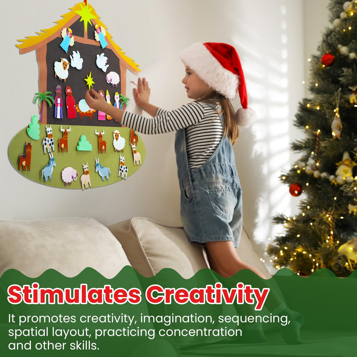 Enhon DIY Felt Christmas Tree Set with 29 Detachable Ornaments, Nativity Advent & Wall Hanging Decor
