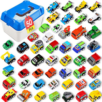 Mindpal 50 Pcs Toy Cars With Large Plastic Organizer, Pull Back Cars For Kids, Cars For Kids Ages 3-5, Birthday And Party Decora