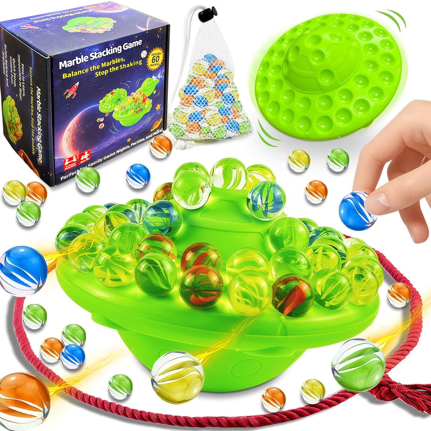 Marble Balance Board Game With 60 Glass Marbles & Storage Base - Fun Family Board Game For Adults, Party Game For 1-4 Players |
