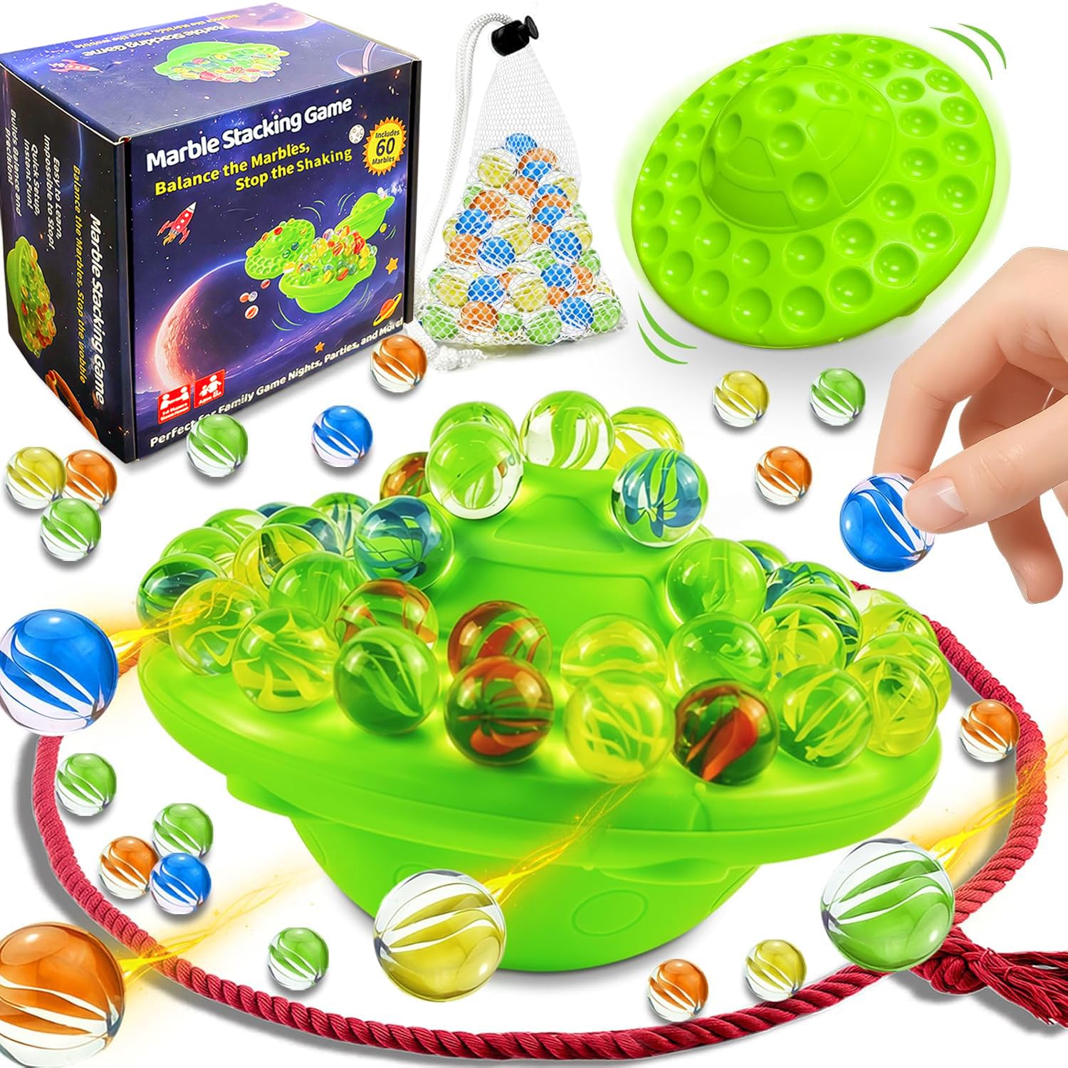 Marble Balance Board Game With 60 Glass Marbles & Storage Base - Fun Family Board Game For Adults, Party Game For 1-4 Players |