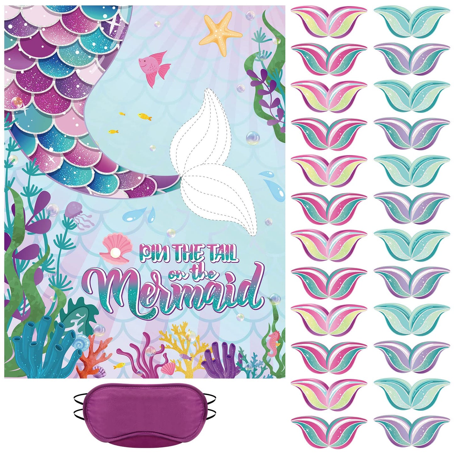 Faccito Pin The Tail on The Mermaid Party Game Mermaid Games Set Include 21 x 28 Inch Mermaid Poster 24 Pcs Reusable Tail Sticke