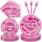 EUOYUFO 96PCS Let s Go Party Plates and Napkins Party Supplies Hot Pink Girls Party Decorations Baribe Themed Disposable Paper 