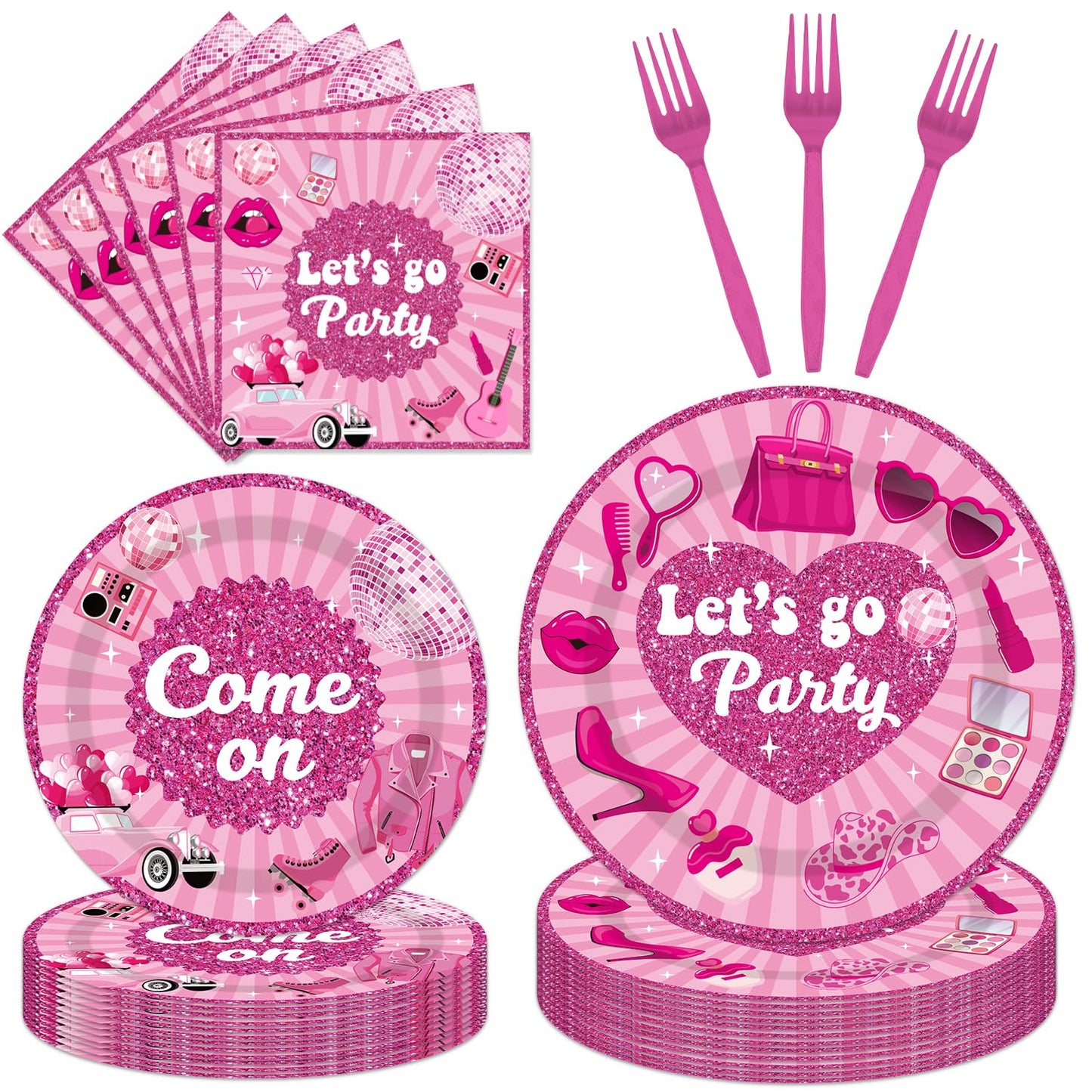 EUOYUFO 96PCS Let s Go Party Plates and Napkins Party Supplies Hot Pink Girls Party Decorations Baribe Themed Disposable Paper 