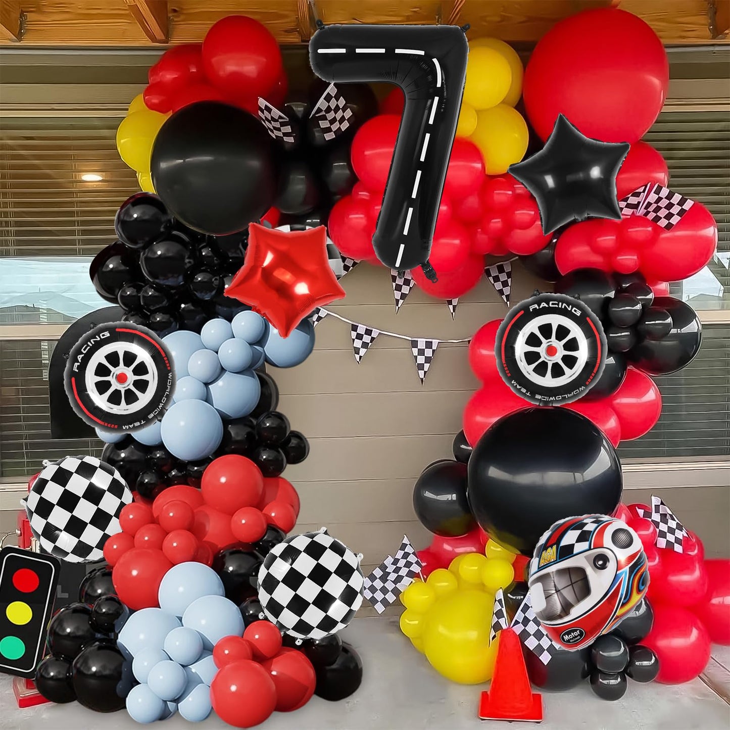 Race Car 7 Balloons, 40 Inch Racetrack Number 7 Balloon, Large Foil Mylar Racetrack Black 7 Balloon For 7 Year Old Birthday Race