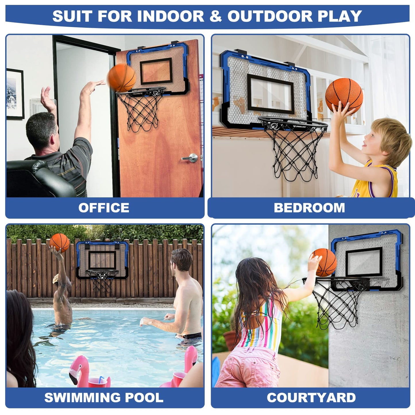 QDRAGON Mini Basketball Hoop - Over The Door Indoor Set with 3 Balls, Inflator, Breakaway Rim - Blue Basketball Toy for Kids & Adults