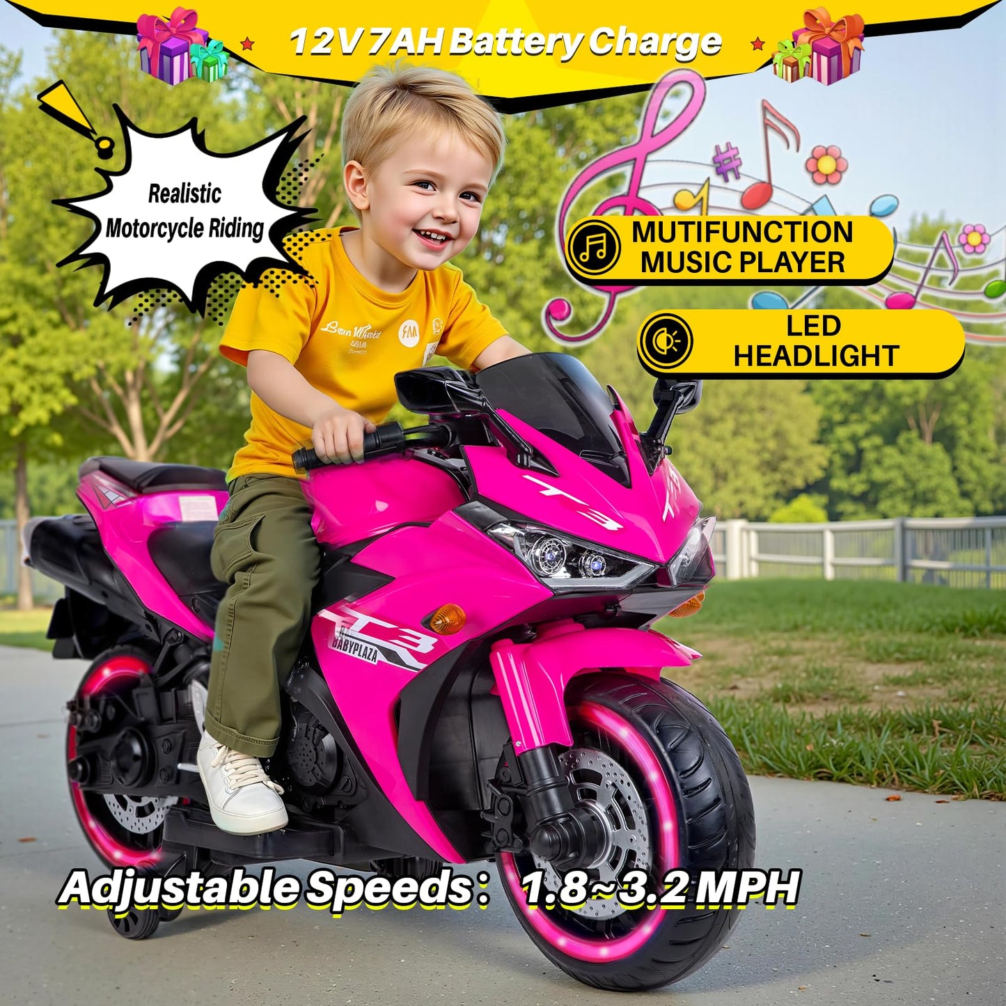 Blitzshark 12V Electric Motorcycle  Kids Motorcycle with Training Wheel  7AH Battery Ride On Motorbike for Kids  3.2 MPH Max Speed  Twist Grip Throttle  Brake Pedal  Soft Tires Extra Long Seat  Pink