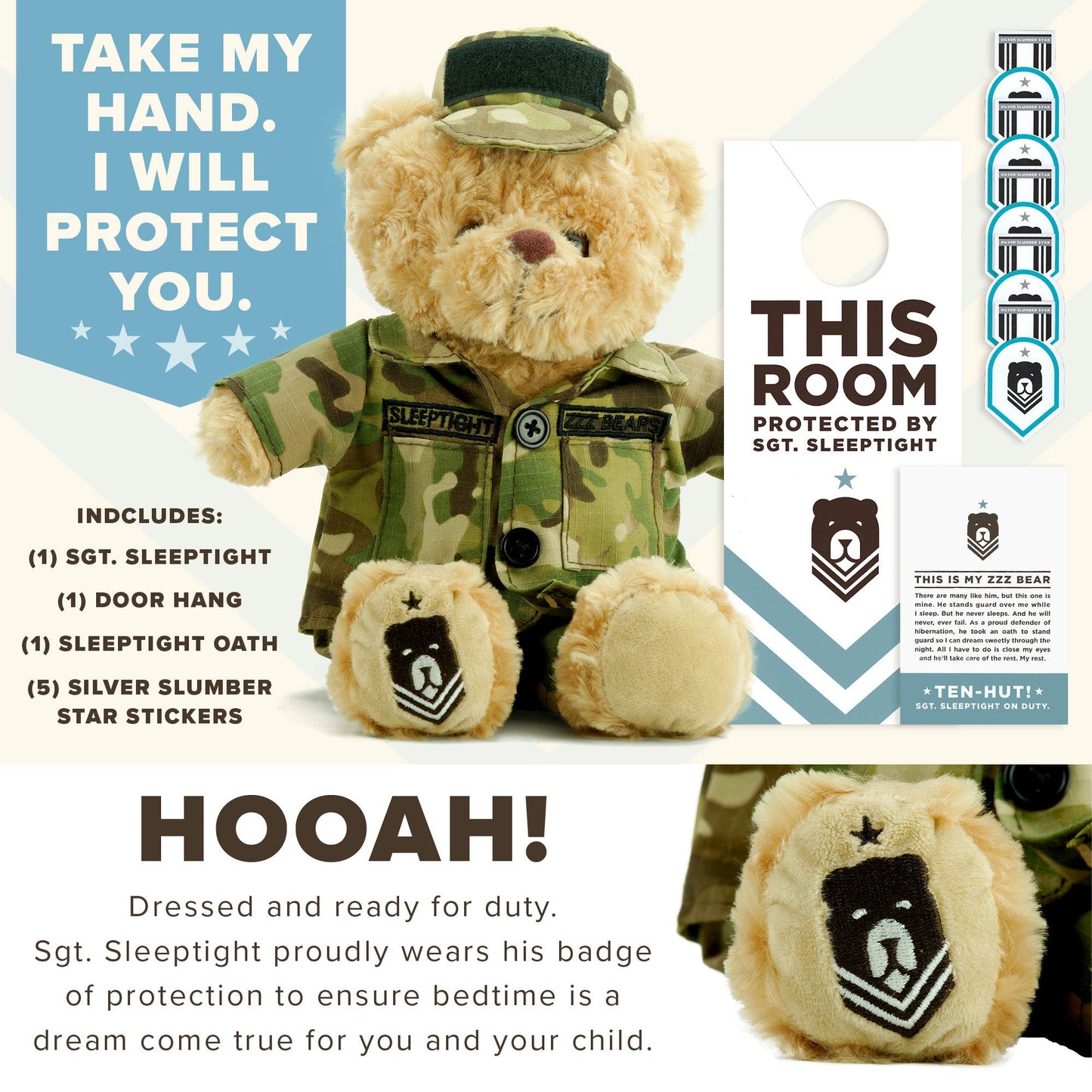 Zzz Bears Sgt Sleeptight Army Teddy Bear With Storybook & Sleep System, Comforting Gift For Army Kids, Helps With Bedtime Routin