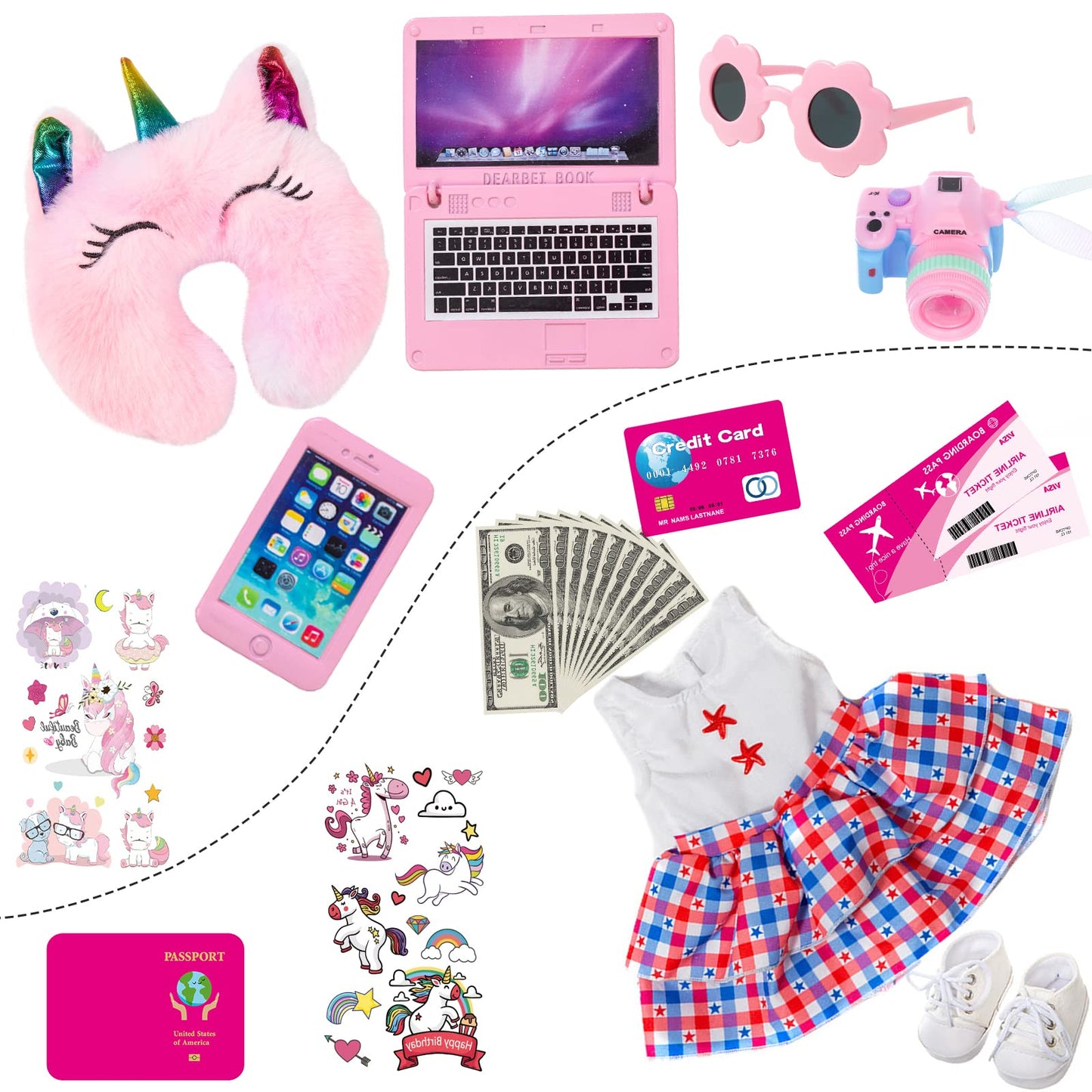Zqdoll American 18 Inch Doll Clothes And Accessories - Doll Travel Suitcase Play Set Including Suitcase Doll Clothes, Shoes, Sunglasses, Camera, Unicorn Pillow, For 18 Inch Doll(No Doll)