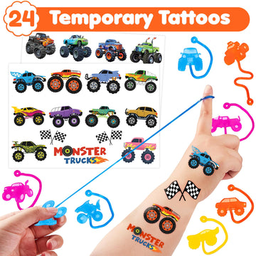 36PCS Monster Truck Party Favors - 24PCS Temporary Tattoos 12PCS Sticky Hands Perfect Birthday Supplies for Kids Stretchy Fidget