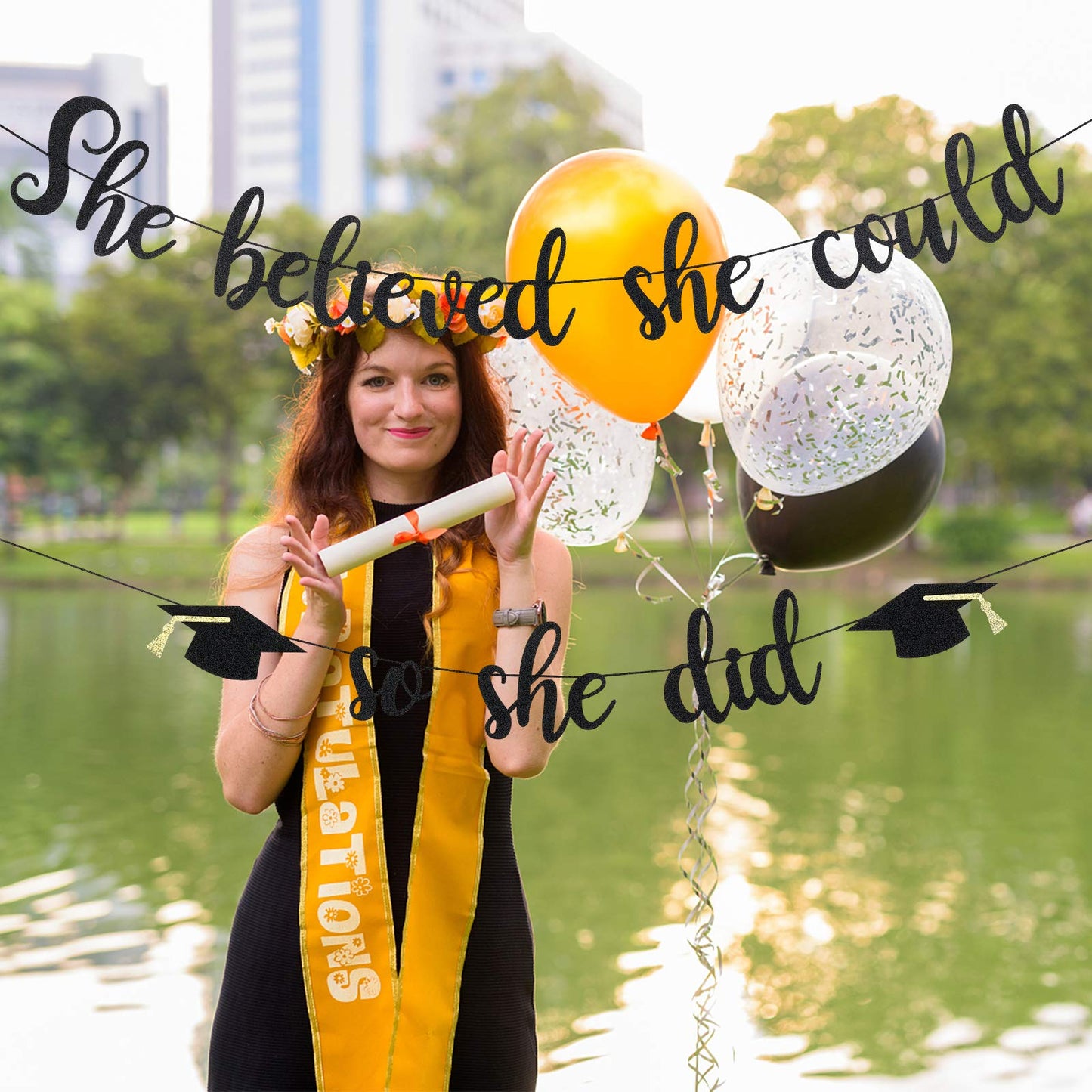 Black Glitter She Believed She Could So She Did Banner Girls 2025 Graduation Banner for Girls College Graduation Party Decoratio