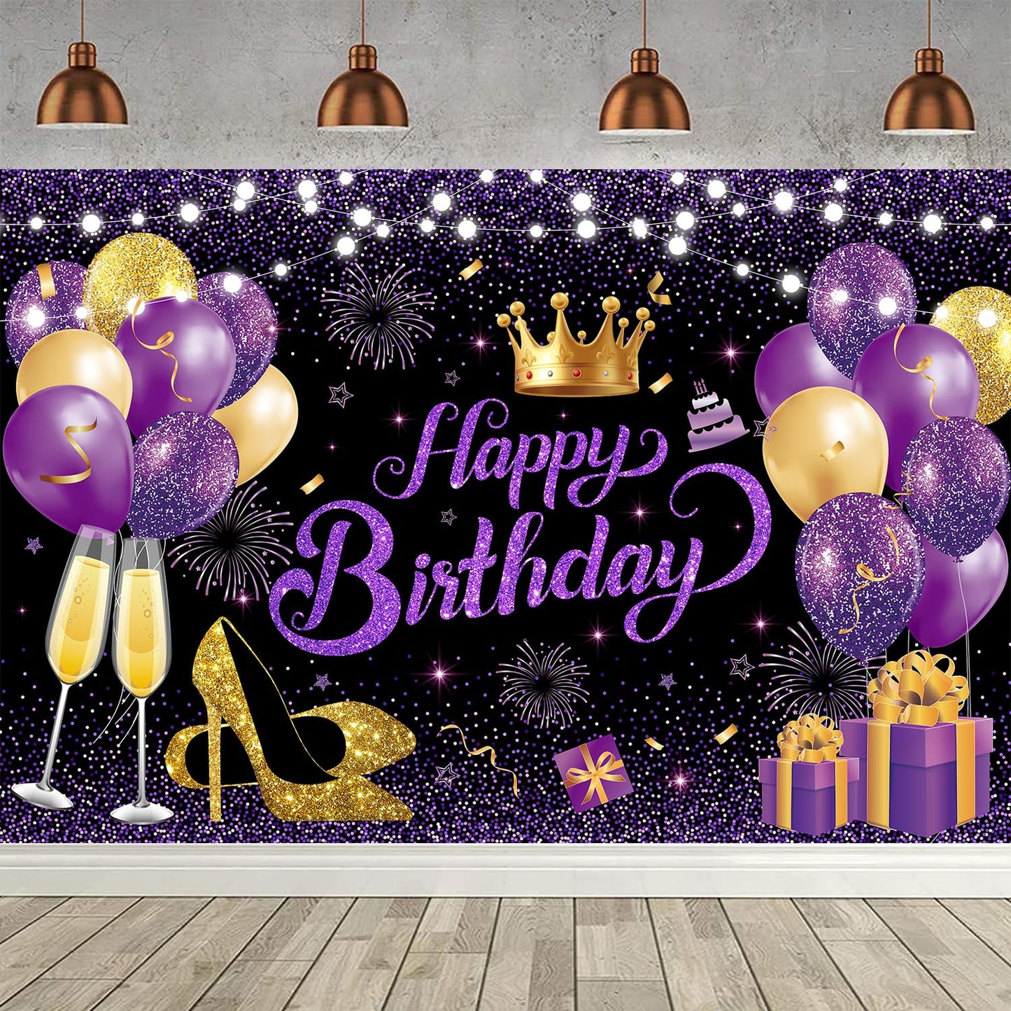 YinQin Backdrop - Happy Birthday Party Cloth 180x120 cm, Purple Gold Glitter, Photography Background for Women and Girls